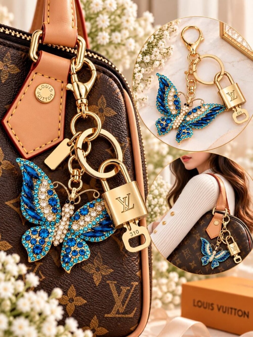 LV Gold Padlock 🔑 Authentic Louis Vuitton Charm + Unbranded Butterfly Keychain